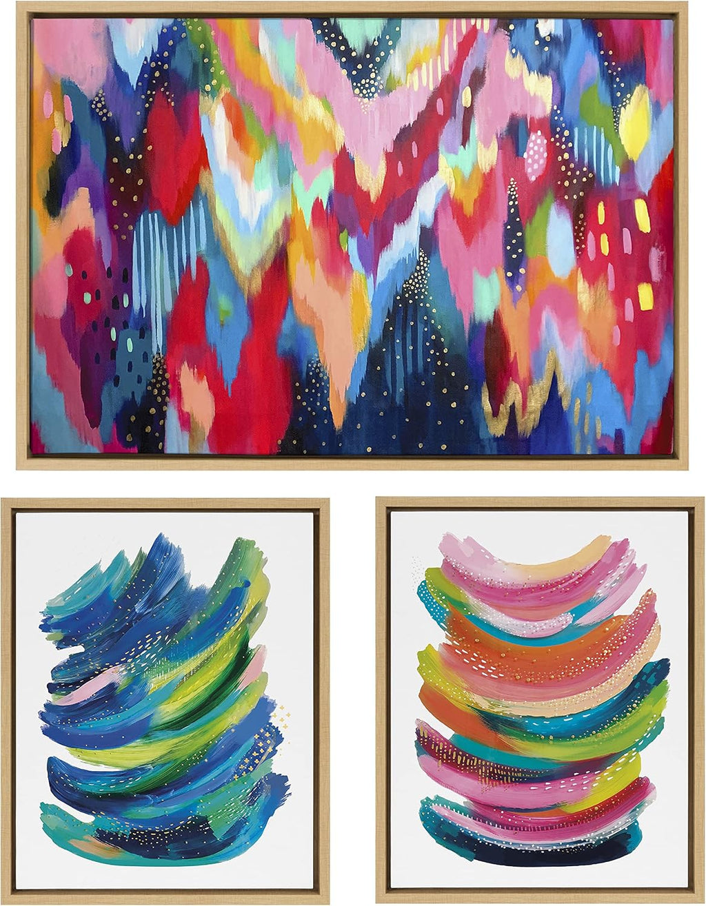 Kate and Laurel Sylvie Brushstroke and Bright Abstract Framed Canvas Wall Art Set by Jessi Raulet of Ettavee; Set of 3; two 16x20 and one 23x33 Natural Finish Frames; Colorful Modern Home Décor