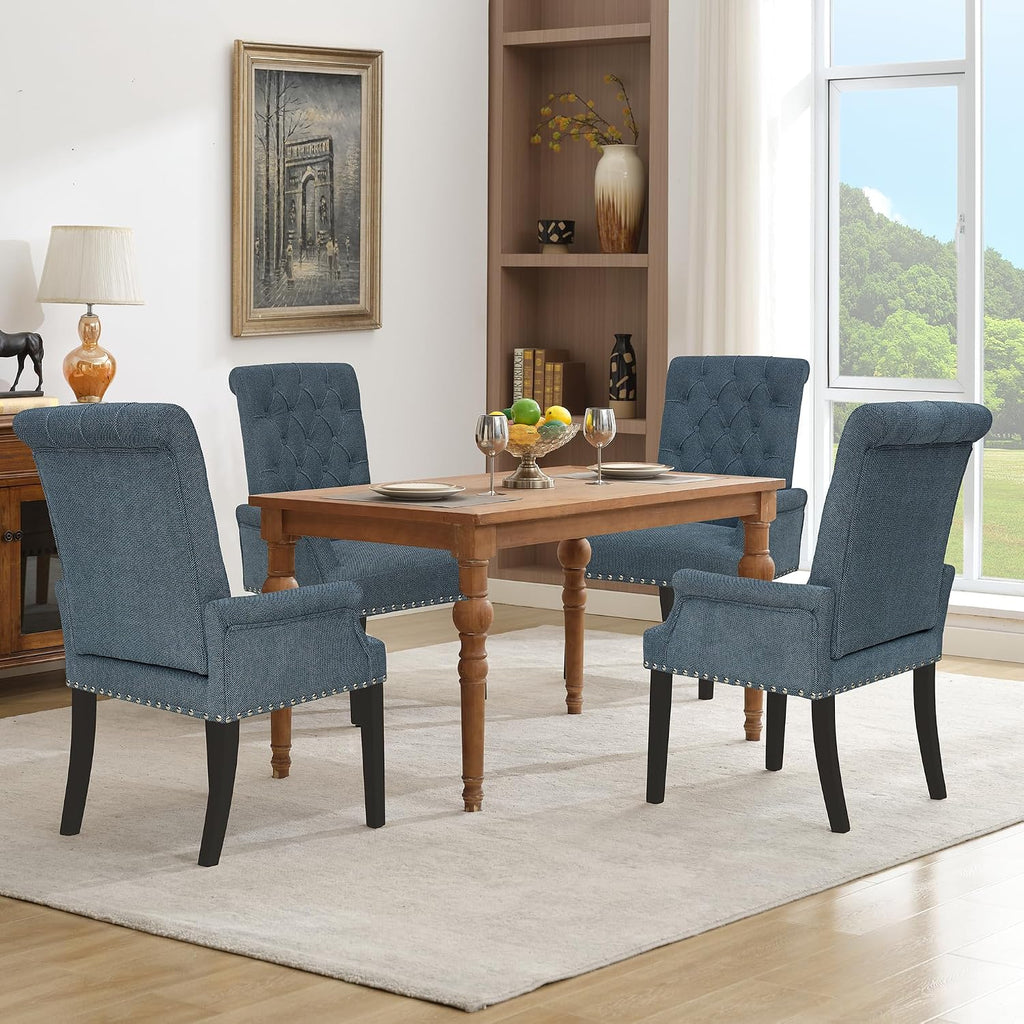 LOULENS Fabric Dining Chairs, Upholstered Tufted Armrest Chairs, Accent Chairs with Nailhead Trim, Black Solid Wood Legs for Home, Kitchen Living Room, Light Blue