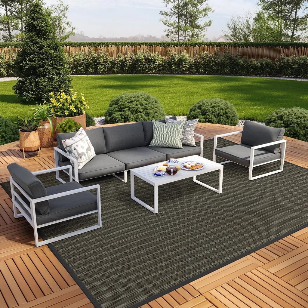 GENIMO Outdoor Rug 10x14 ft Waterproof, Reversible Plastic Straw Patio Rug for RV Camping Mat, Deck, Backyard Balcony Mat - Lightweight & Easy to Clean, Black & Brown