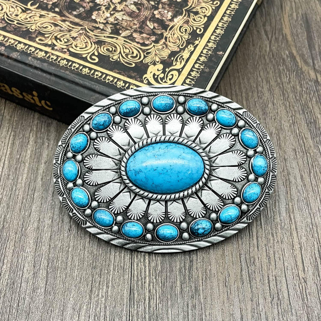 Men's Western Belt Buckle - Vintage Turquoise with Native American & Cowboy Elements