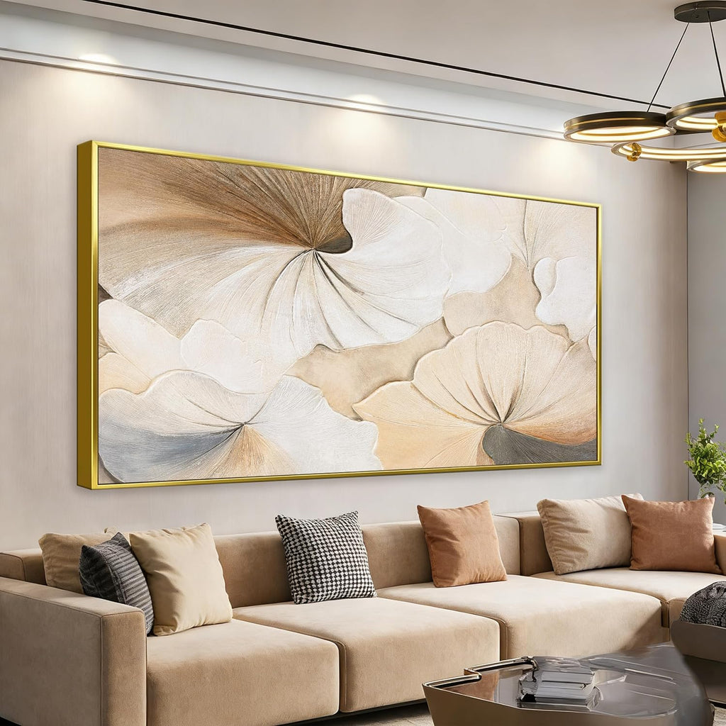 Canvas Art Wall Decor Large Size Gold Framed Wall Art For Living Room Modern Abstract Wall Decor Prints Pictures Brown White Flower Wall Art Picture For Bedroom Hotel Home Artwork 29x58 Inch