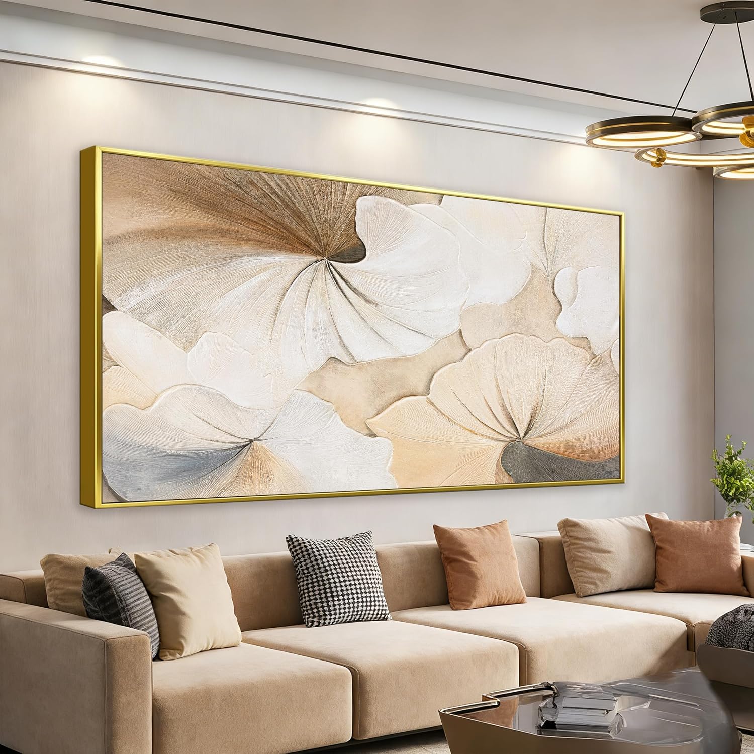 Canvas Art Wall Decor Large Size Gold Framed Wall Art For Living Room Modern Abstract Wall Decor Prints Pictures Brown White Flower Wall Art Picture For Bedroom Hotel Home Artwork 29x58 Inch