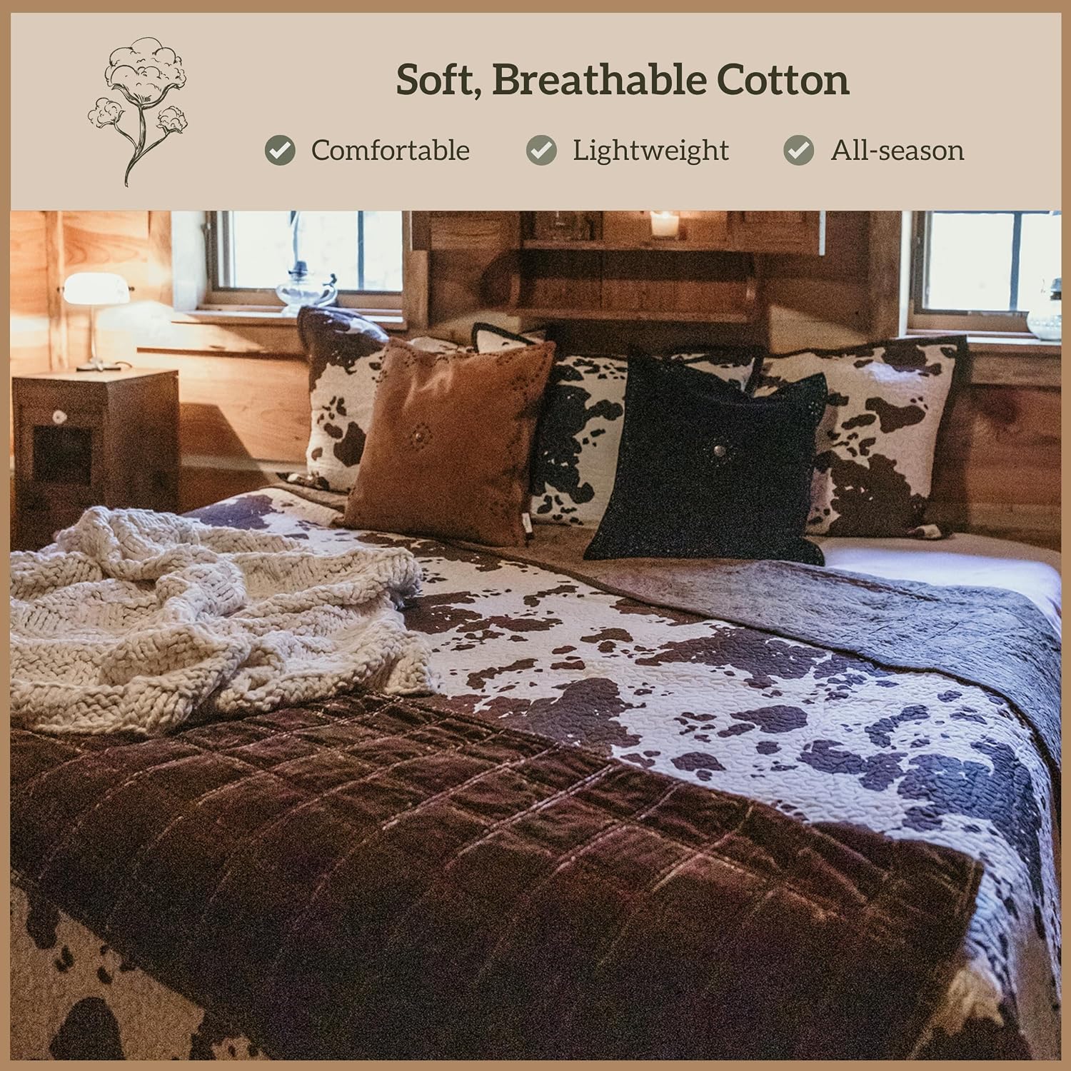 Paseo Road Elsa King Cotton Quilt Set, 3 Piece Western Bedding Set with Pillow Shams, Brown Cow Print Reversible Quilt, Soft Cozy Rustic Farmhouse Bedding, Lightweight Quilt, Southwestern Bedding