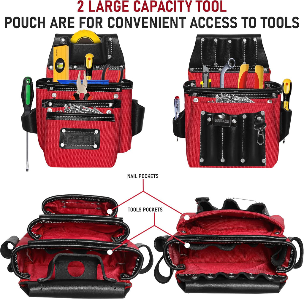 FUERI Heavy Duty 26 Pocket Tool Belt for Men | Premium Grain Black Leather & Red Nylon Carpenter Tool Belt With 2 Large Pouches, Hammer Holder, Suspender Loops & Padded Belt, Ideal for Electricians