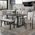 Retro 6-Piece Kitchen Dining Table Set with Comfortable Upholstery Chairs and Bench, Solid Wood Dining Table with Special-Shaped Legs, Suitable for Family Use (Gray-Comfort)