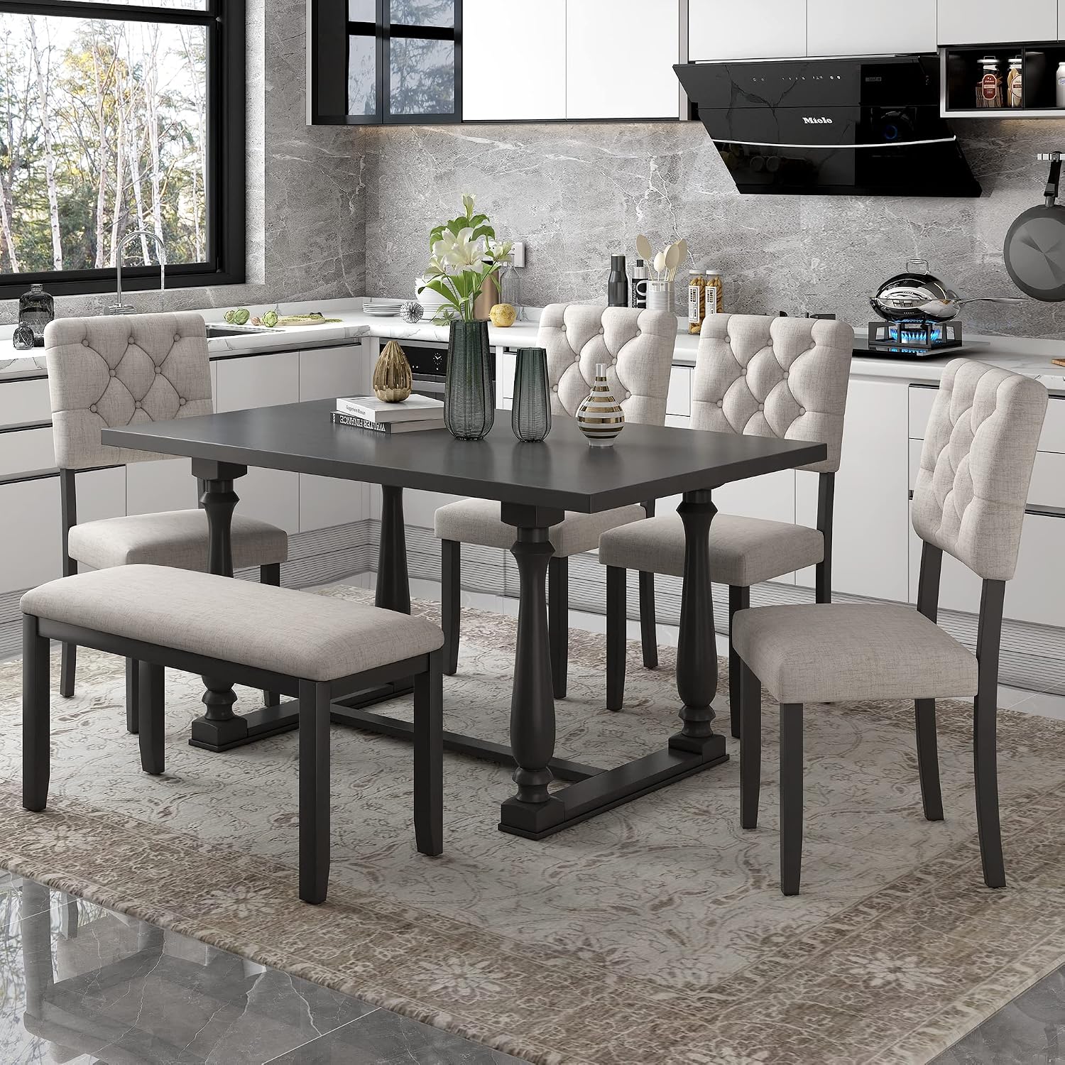 Retro 6-Piece Kitchen Dining Table Set with Comfortable Upholstery Chairs and Bench, Solid Wood Dining Table with Special-Shaped Legs, Suitable for Family Use (Gray-Comfort)