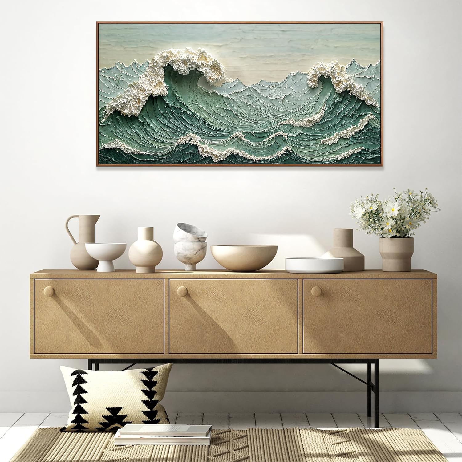 Sea Wave Abstract Green Wall Art For Living Room Artwork Canvas Art Wall Decor Painting Abstract Wall Decor Print Picture For Bedroom Office Hotel Home Wall Decoration 24 X 48 Inch With Framed