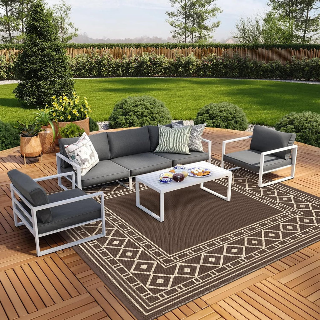 GENIMO Outdoor Rug Waterproof for Patio Decor, 10'x10' Foldable Reversible Plastic Straw Carpet, Outside Area Mat for Rv, Deck, Picnic, Porch, Camper, Balcony, Beach, Coffee & Beige
