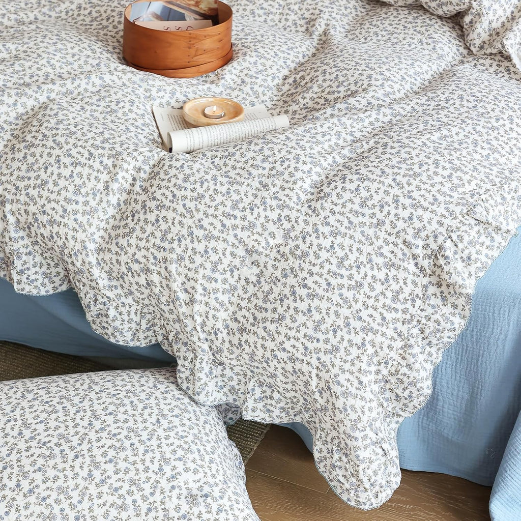 BuLuTu Blue Floral Print Duvet Cover King Size, Elegant Ruffles Bedding Set 3 Pieces, 100% Cotton Muslin Comforter Cover with 2 Pillowcases Soft Lightweight King Bed Set, Machine Wash