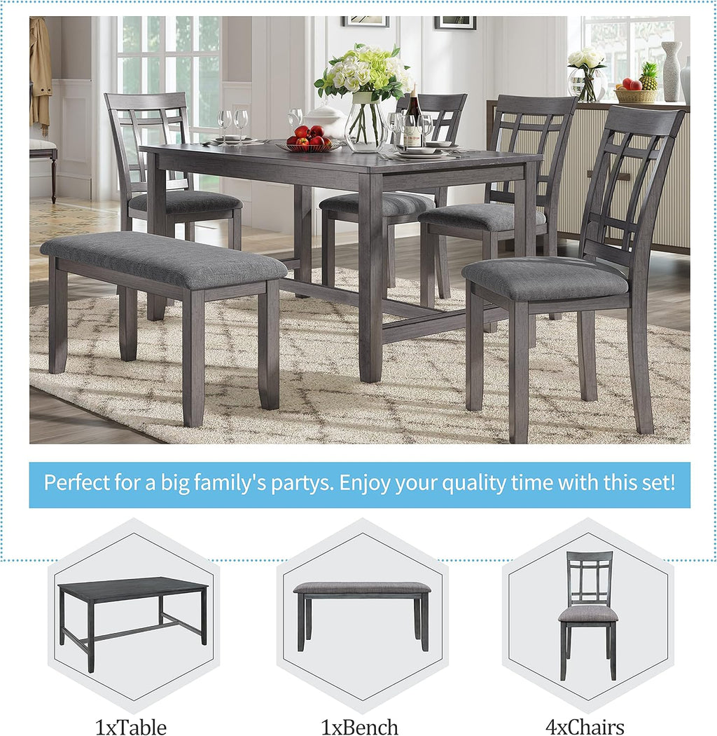 Wooden Rectangular Dining Table Set, Farmhouse Rustic 6-Piece Kitchen Set with 4 Upholstered Chairs and 1 Bench (Antique Graywash)