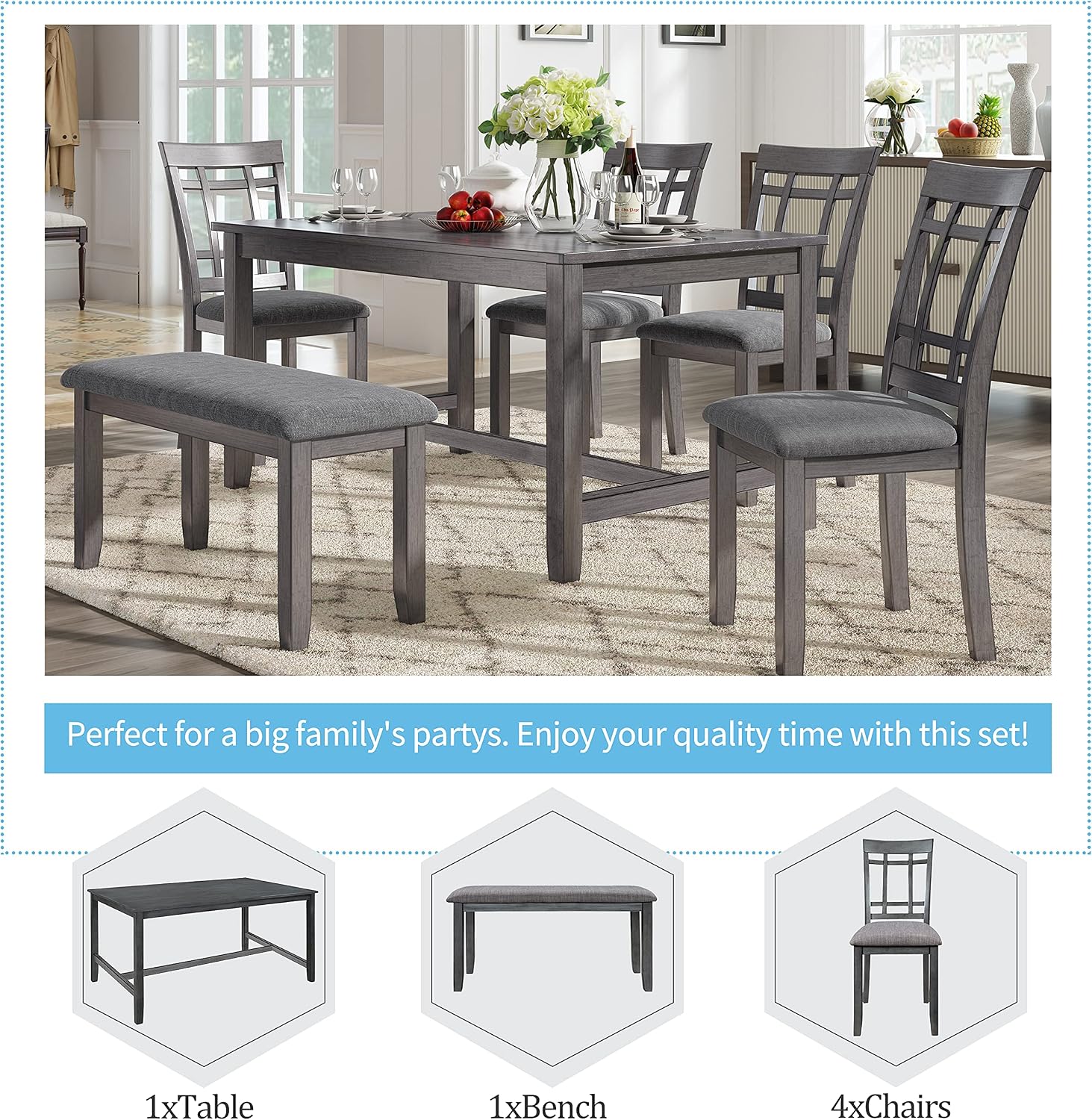Wooden Rectangular Dining Table Set, Farmhouse Rustic 6-Piece Kitchen Set with 4 Upholstered Chairs and 1 Bench (Antique Graywash)