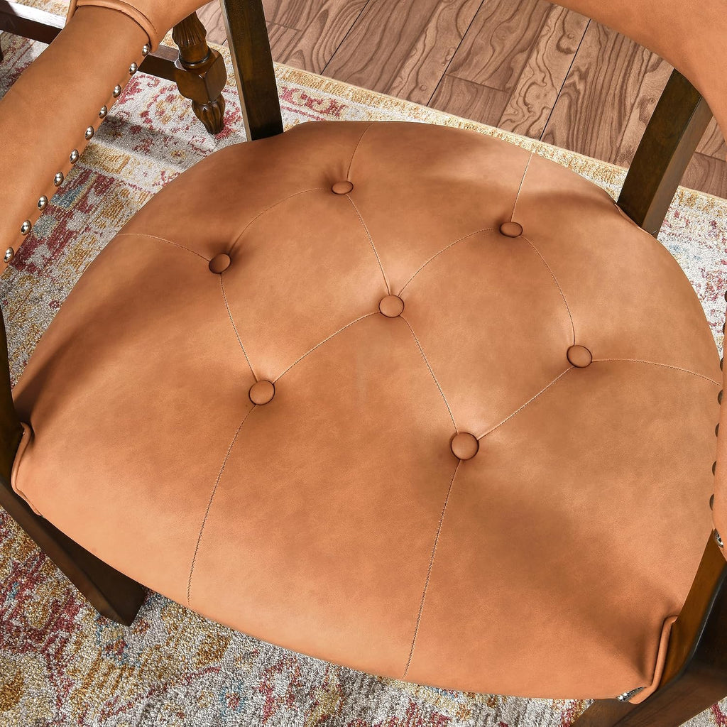 Dining Chairs with Upholstered,Office Desk Chair with Arms and Metal Rivets. PU Boss Captain's Chairs,Classic Accent Stools for Dining Room, Bedroom Brown Legs & Orange NX173-318OR