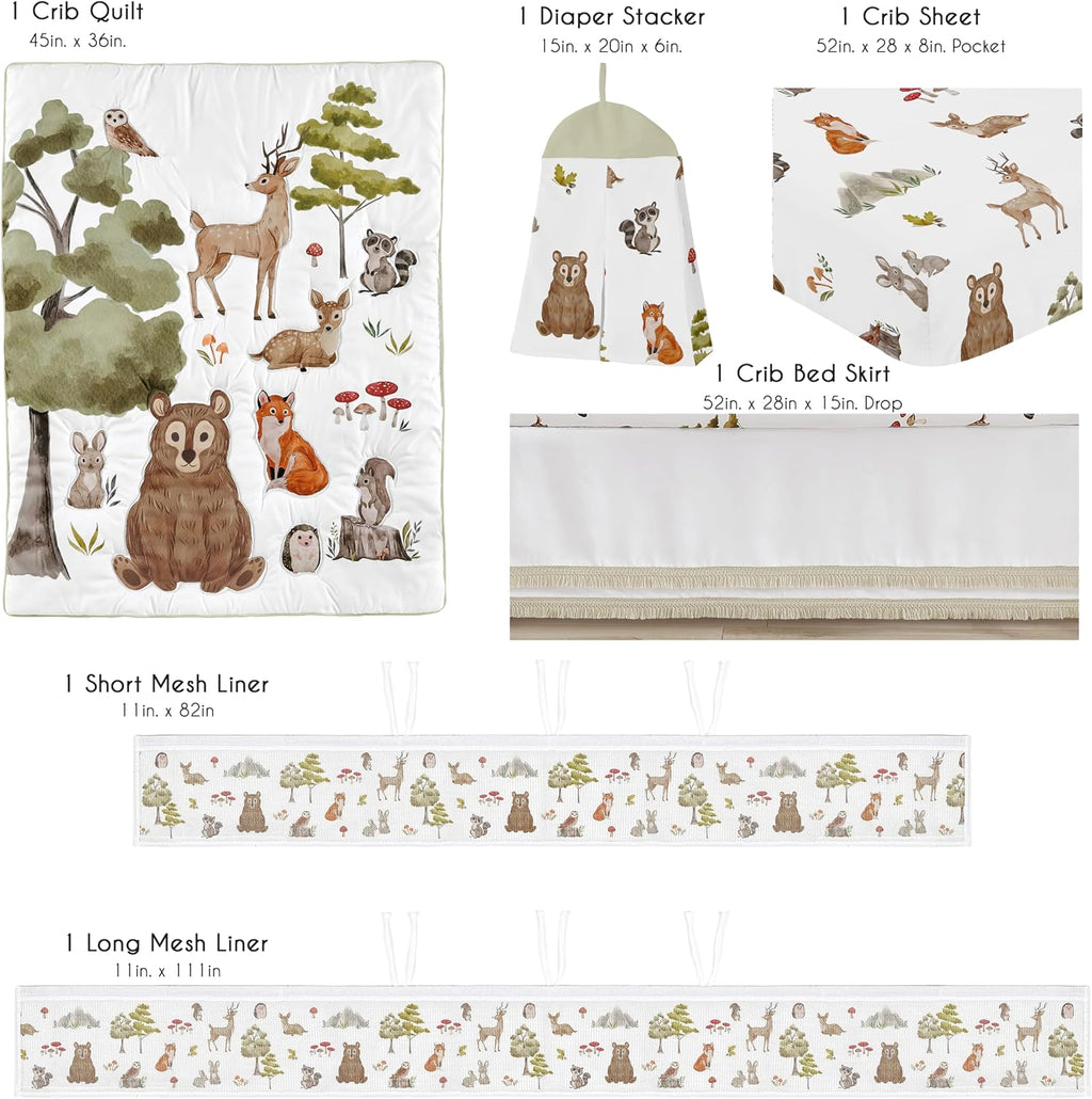 Sweet Jojo Designs 6-Piece Baby Crib Bedding Set (Woodland Animals) for Boys or Girls, Infants/Nursery incl. Blanket, Fitted Sheet, Skirt, Mesh Liner, Diaper Stacker (Neutral, Forest Animal, Hedgehog)