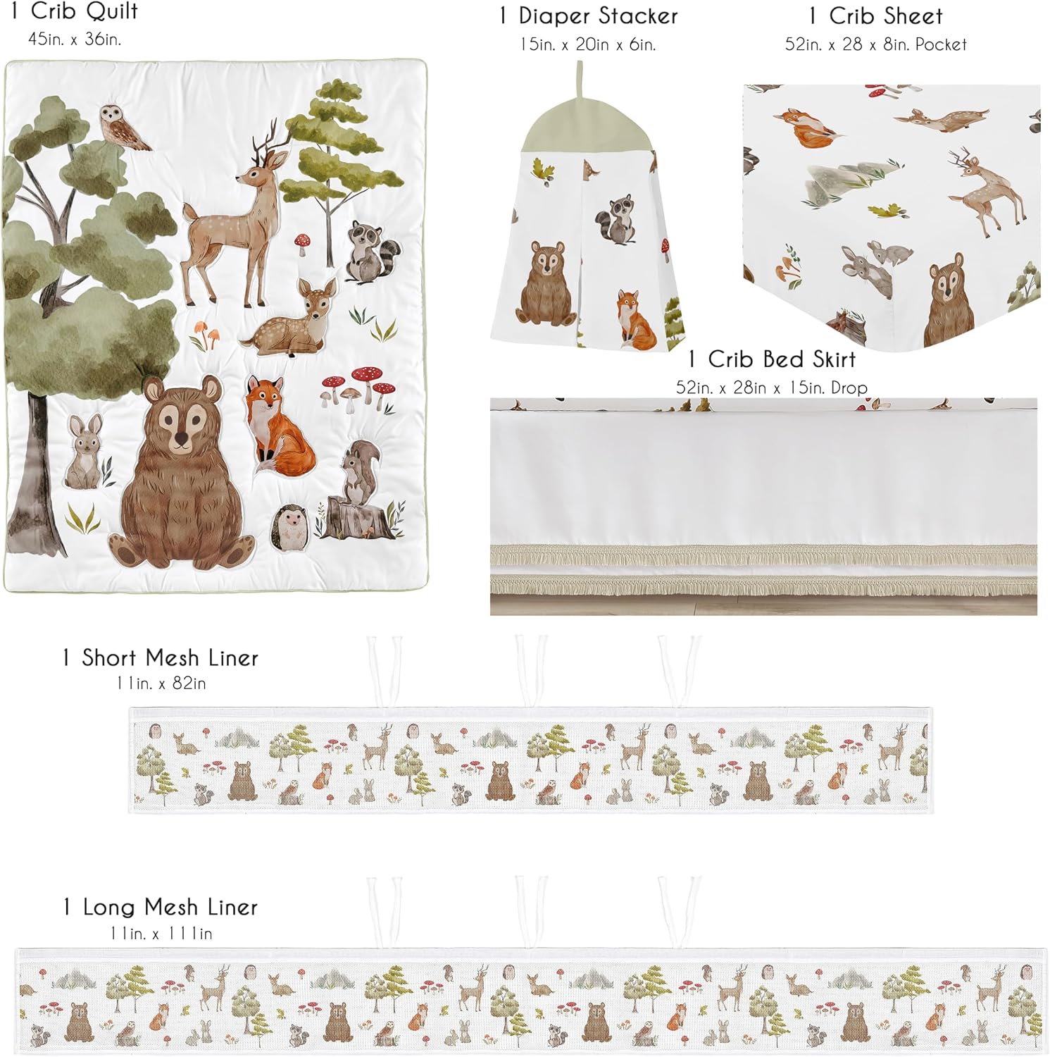 Sweet Jojo Designs 6-Piece Baby Crib Bedding Set (Woodland Animals) for Boys or Girls, Infants/Nursery incl. Blanket, Fitted Sheet, Skirt, Mesh Liner, Diaper Stacker (Neutral, Forest Animal, Hedgehog)