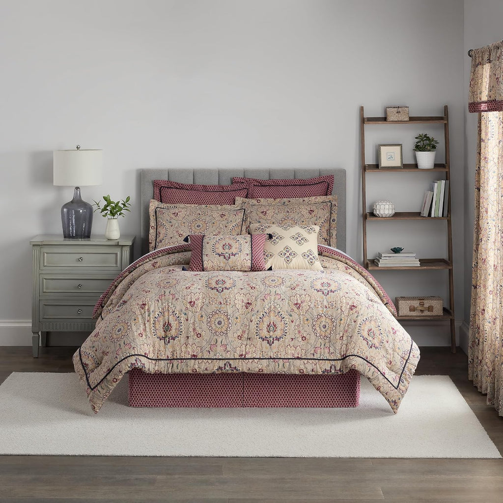 Waverly Oxford Damask 4 Piece Cotton Comforter Set, Embellished All Season Bedding, Includes One Comforter, One Bed Skirt and Two Pillow Shams, Machine Washable King Bed Set, Beige & Maroon