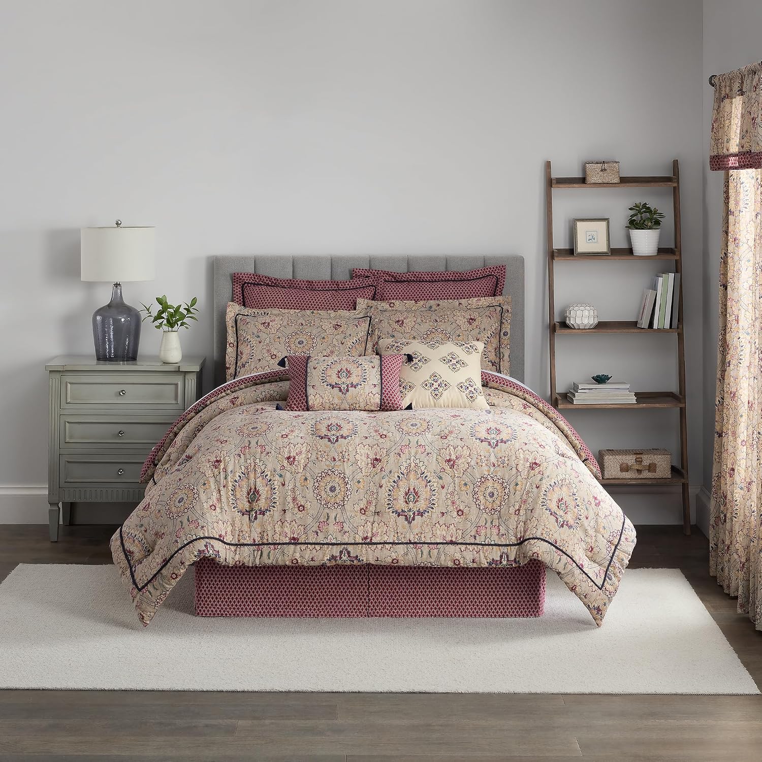 Waverly Oxford Damask 4 Piece Cotton Comforter Set, Embellished All Season Bedding, Includes One Comforter, One Bed Skirt and Two Pillow Shams, Machine Washable King Bed Set, Beige & Maroon