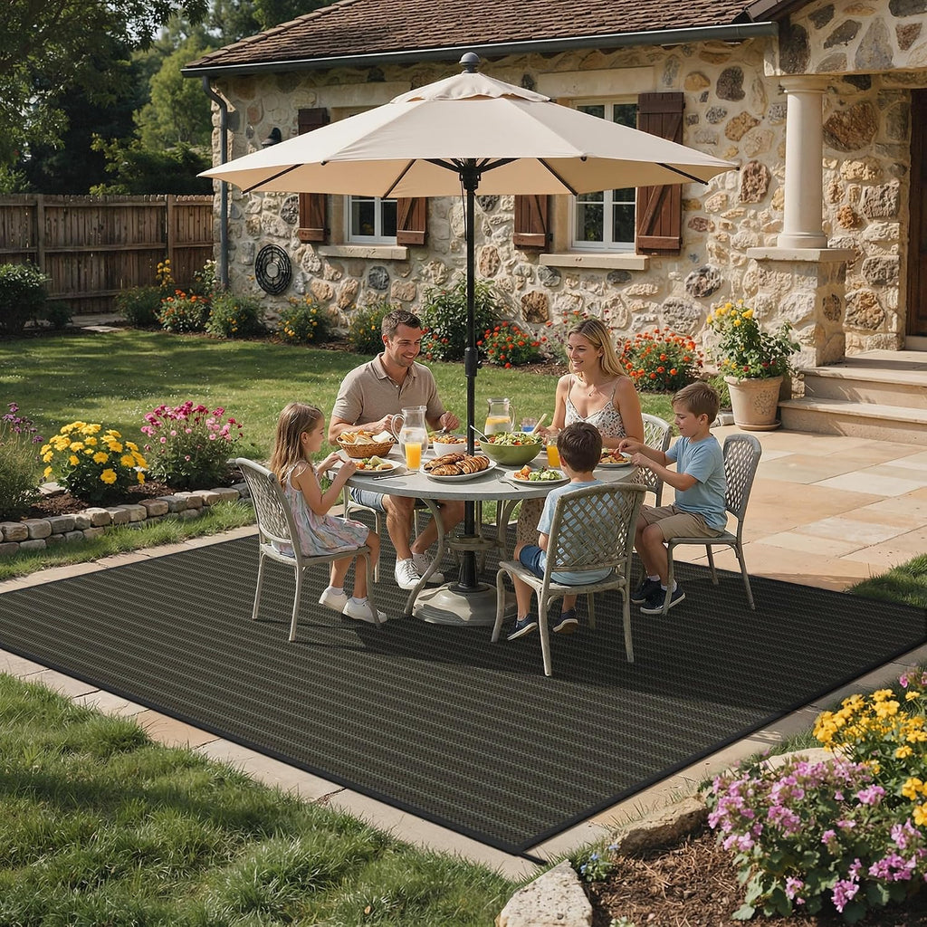 GENIMO Outdoor Rug 10x14 ft Waterproof, Reversible Plastic Straw Patio Rug for RV Camping Mat, Deck, Backyard Balcony Mat - Lightweight & Easy to Clean, Black & Brown