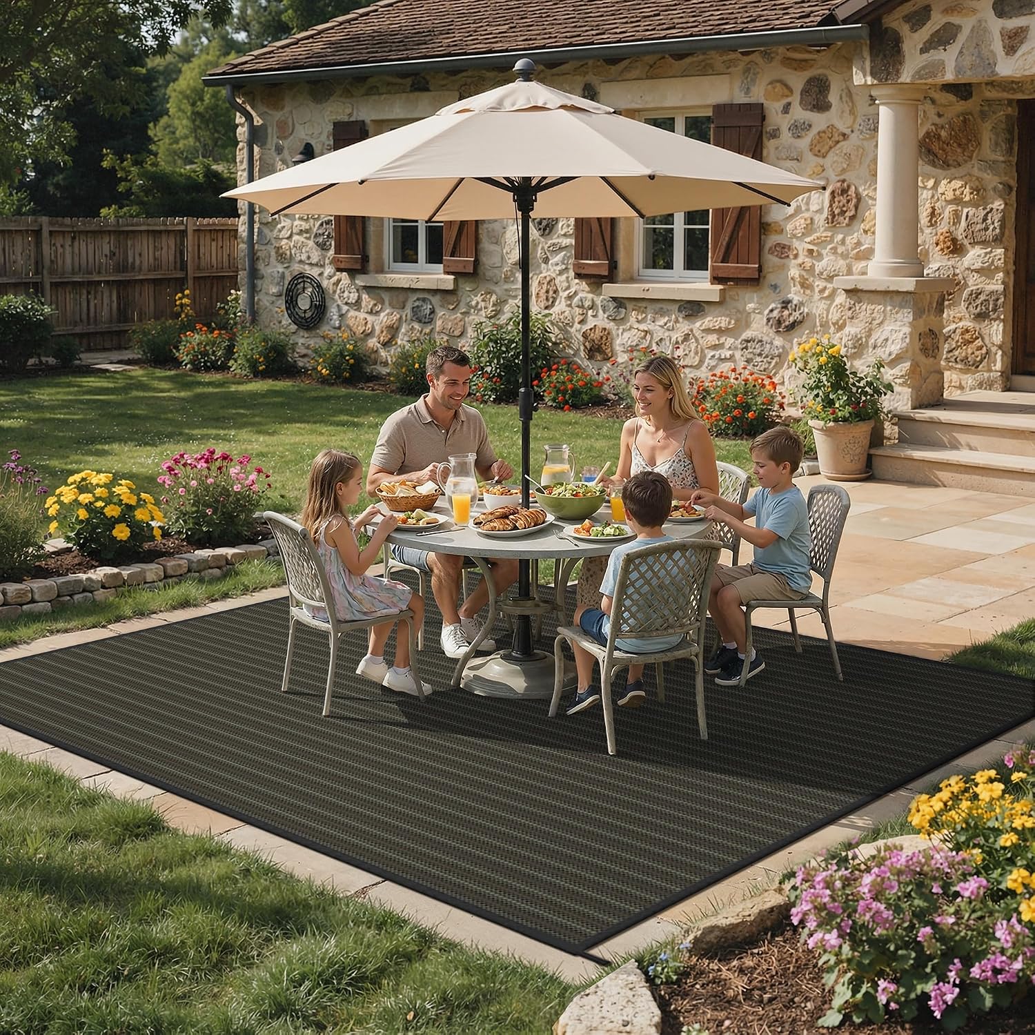 GENIMO Outdoor Rug 10x14 ft Waterproof, Reversible Plastic Straw Patio Rug for RV Camping Mat, Deck, Backyard Balcony Mat - Lightweight & Easy to Clean, Black & Brown