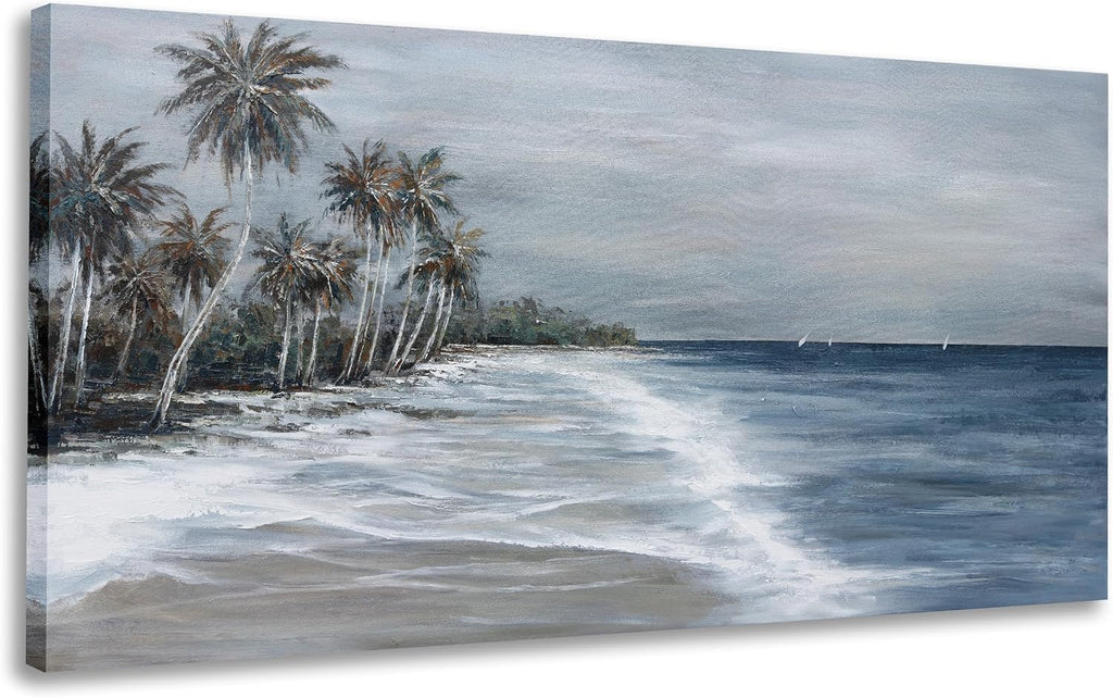Coastal Wall Art Blue Gray Beach Wall Decor Landscape Abstract Canvas Painting Modern Ocean Artwork Framed for Living Room Bedroom Bathroom Office Decor 58'x29'Can Be Hung Directly