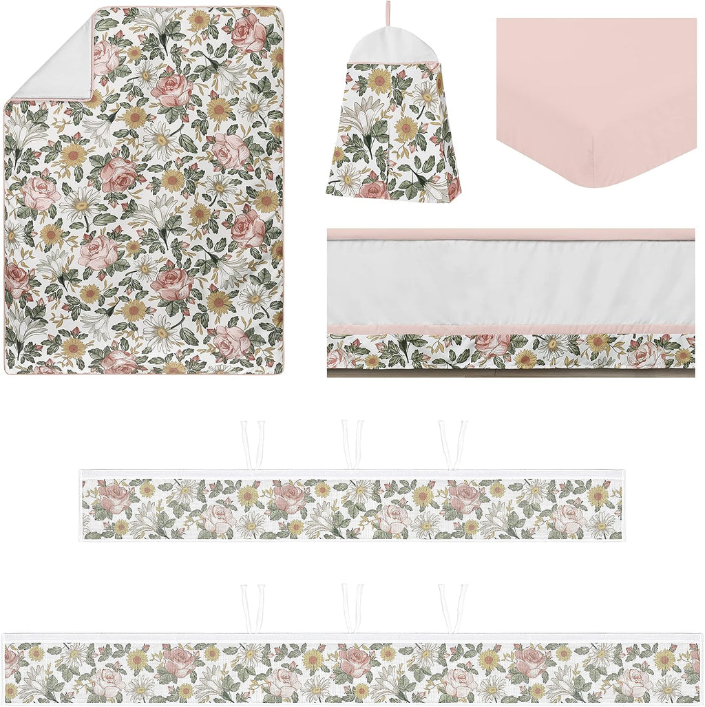 Sweet Jojo Designs Blush Pink Yellow Vintage Floral Boho Girl Baby Crib Bedding Set Infant Nursery BreathableBaby Breathable Mesh Crib Liner Blanket Sheet Skirt 6 PC Bohemian Shabby Chic Rose Flower