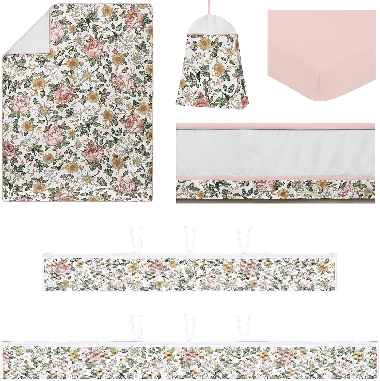 Sweet Jojo Designs Blush Pink Yellow Vintage Floral Boho Girl Baby Crib Bedding Set Infant Nursery BreathableBaby Breathable Mesh Crib Liner Blanket Sheet Skirt 6 PC Bohemian Shabby Chic Rose Flower
