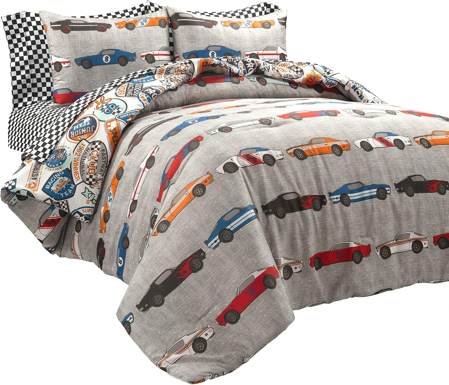 Lush Decor Race Cars Reversible Oversized With Printed Sheet 7 Piece Comforter Set, Full, Blue & Orange