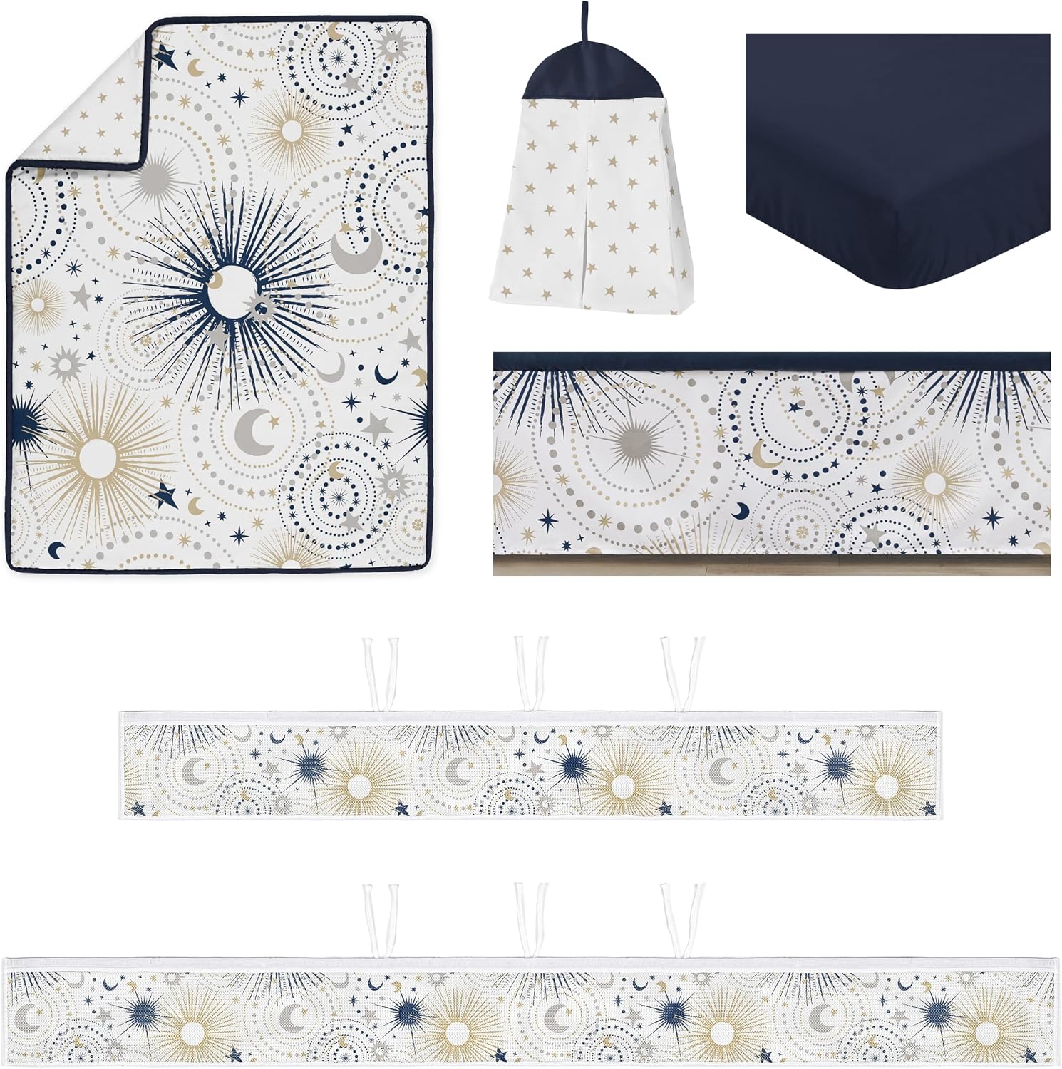 Sweet Jojo Designs Navy Blue Star Moon Boy Girl Gender Neutral Baby Crib Bedding Set Infant Nursery Room BreathableBaby Breathable Mesh Crib Liner Blanket Fitted Sheet Skirt 6p Celestial Shabby Chic