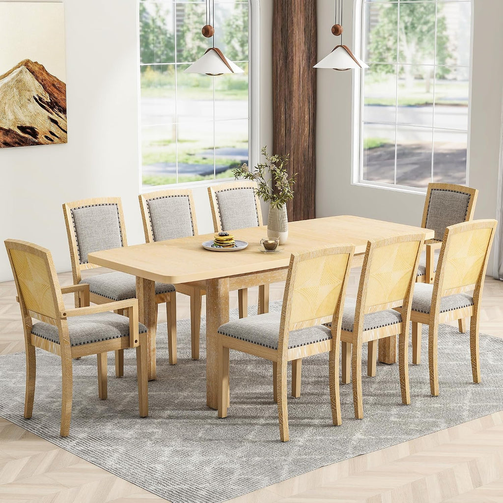 9-piece Rustic Extendable Dining Table Set with 24'' Removable Leaf, 6 Upholstered Rivet Decoration Armless Dining Chairs and 2 Arm Chairs, Wood Kitchen Dining Set for 8, Curved Top (Natural-9S)