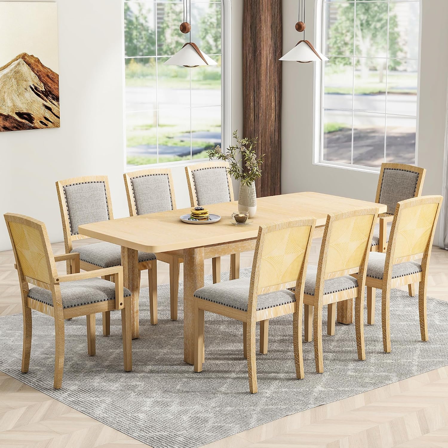 9-piece Rustic Extendable Dining Table Set with 24'' Removable Leaf, 6 Upholstered Rivet Decoration Armless Dining Chairs and 2 Arm Chairs, Wood Kitchen Dining Set for 8, Curved Top (Natural-9S)