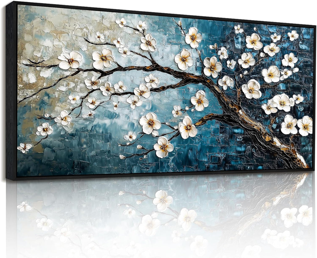 crmotu Large Plum Blossom Wall Art, Japanese Teal Tree Oil Paintings Prints Framed Artwork, Modern Blue Tree Pictures Wall Decor Living Room Bedroom Home Office, 32'x71'