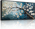 crmotu Large Plum Blossom Wall Art, Japanese Teal Tree Oil Paintings Prints Framed Artwork, Modern Blue Tree Pictures Wall Decor Living Room Bedroom Home Office, 32'x71'