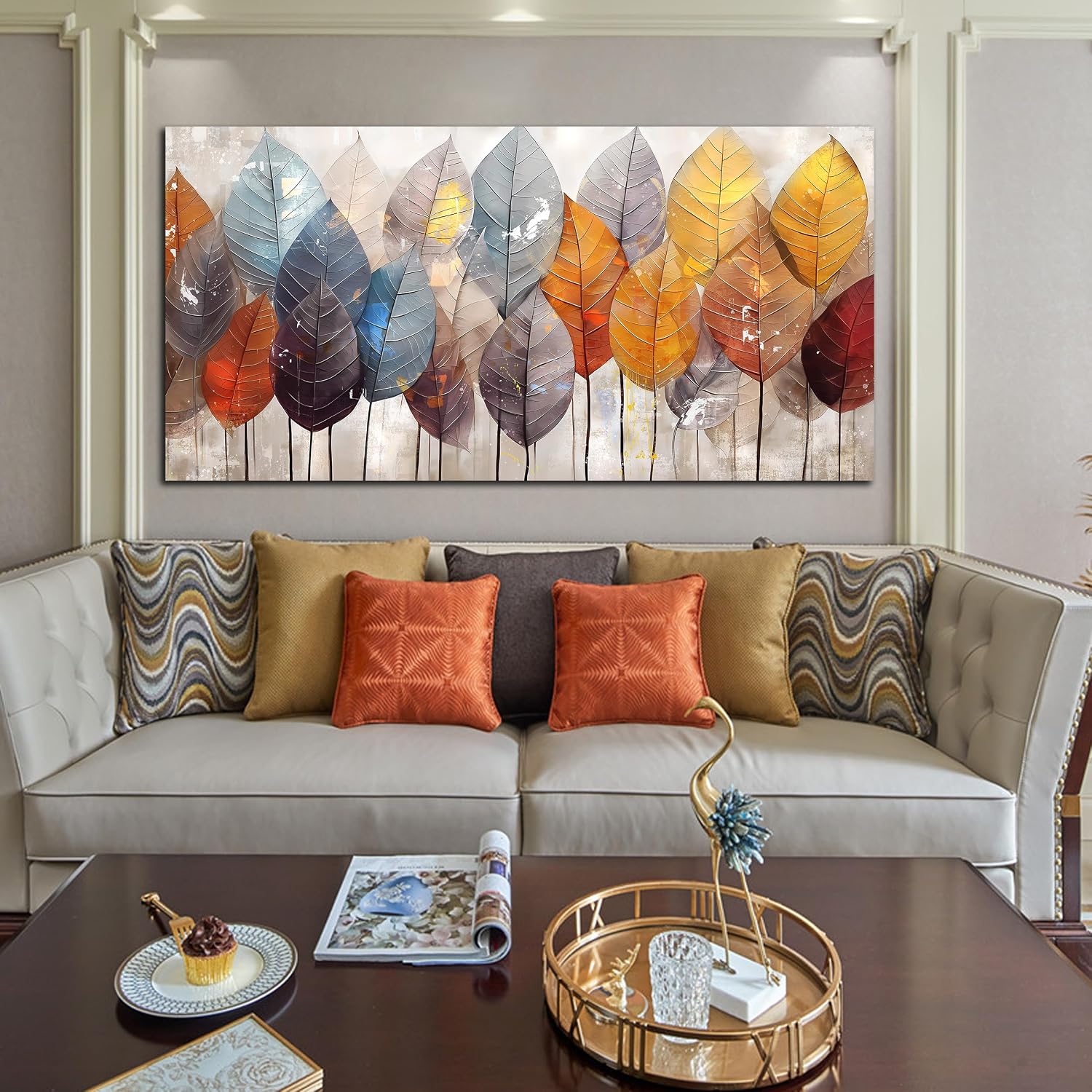 ENTANUB Leaf Wall Art for Living Room, Gold Autumn Canvas Wall Art for Bedroom, Tree Print Painting for Office, Large Size 60x30 Inches