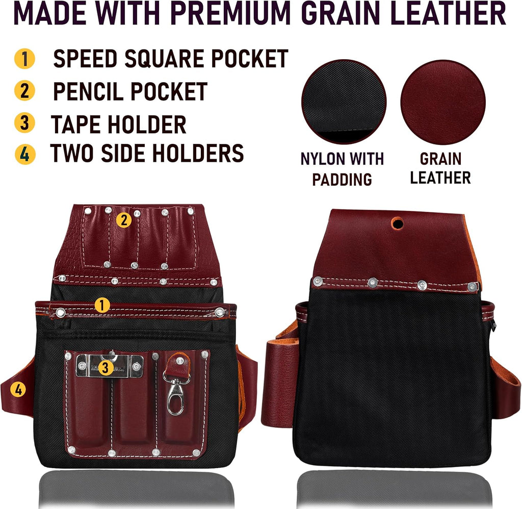 FUERI Electrician's Heavy Duty 26 Pocket Leather-Nylon Tool Belt & Suspender Combo, Comfort Back Support Padded Belt, 2 Large Storage Capacity Pouches, Best for Framers, Carpenter, Roofing