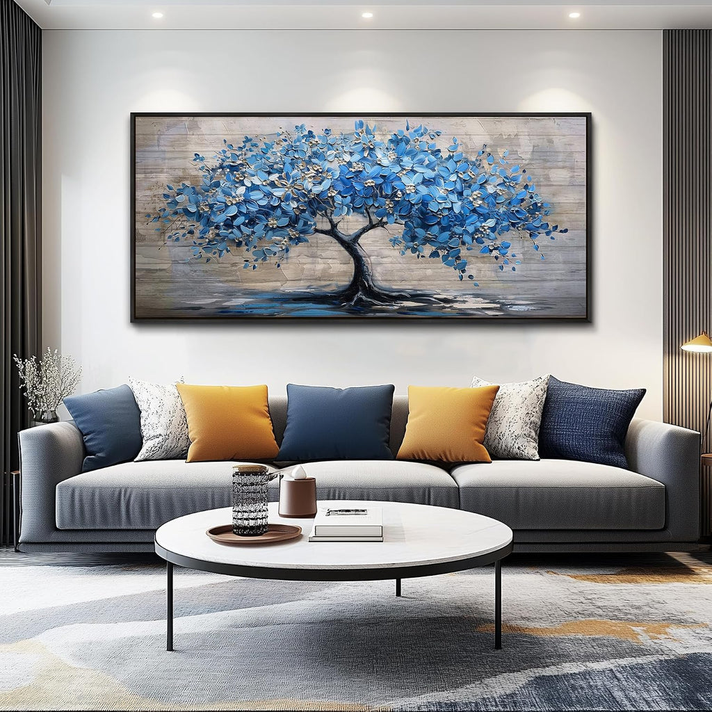 ERQINHUA Large Canvas Blue Tree Printed Painting Wall Decor For Living Room Office Wall Art For Bedroom Abstract Farmhouse Restaurant Mural Artwork Picture Home Decoration Black Framed 32x72 In
