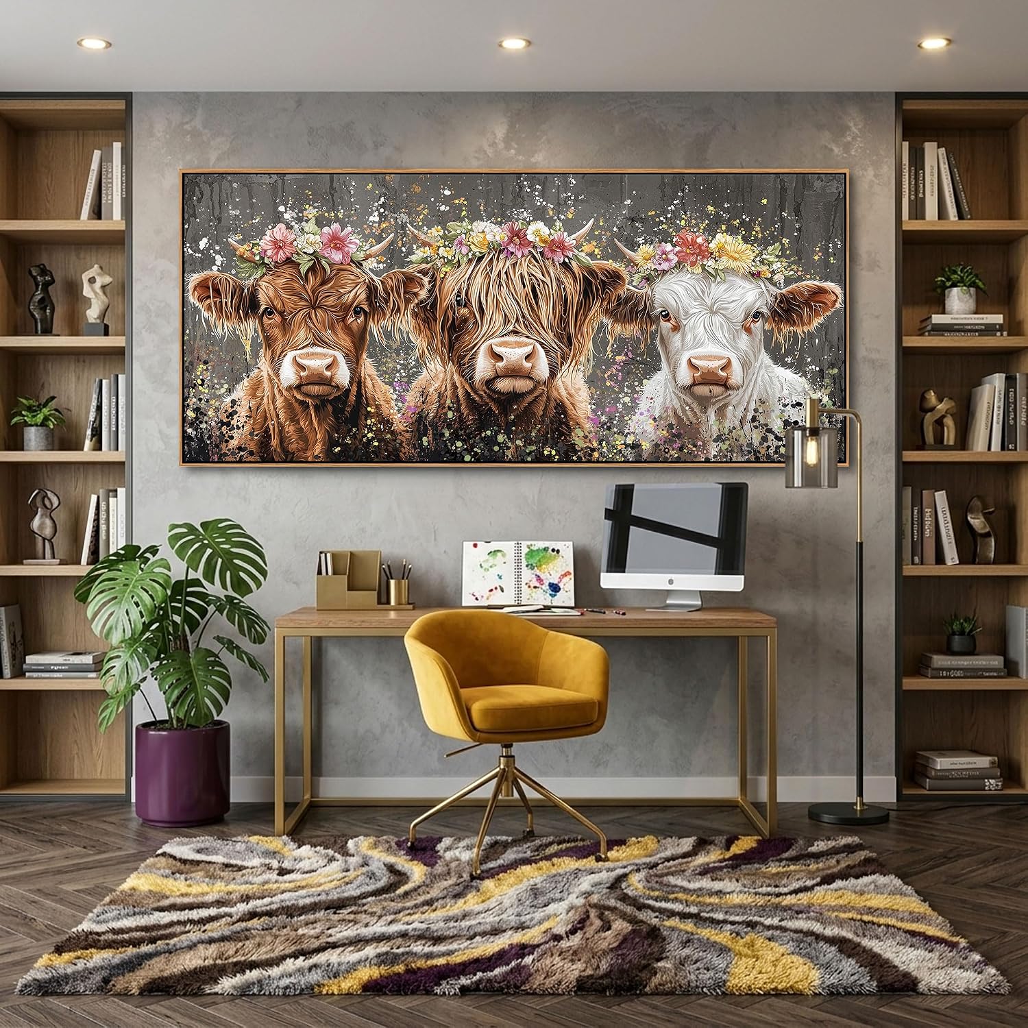 AJAZIKO Highland Cow Wall Art - Farmhouse & Rustic Country Wall Decor, Large Canvas Pictures for Living Room, Above Bed Artwork for Walls - Western Decorations