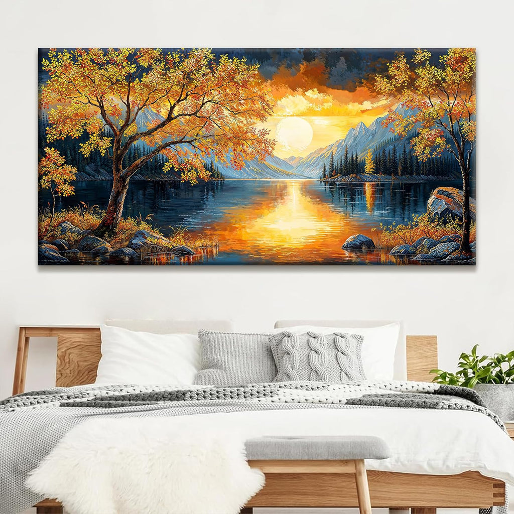Large Wall Art For Living Room Canvas Art Wall Decor Modern Artwork Gold Tree River Sunrise Landscape Paintings Print Pictures For Bedroom Apartment Office Mural Aesthetic Artwork 29 X 58 In