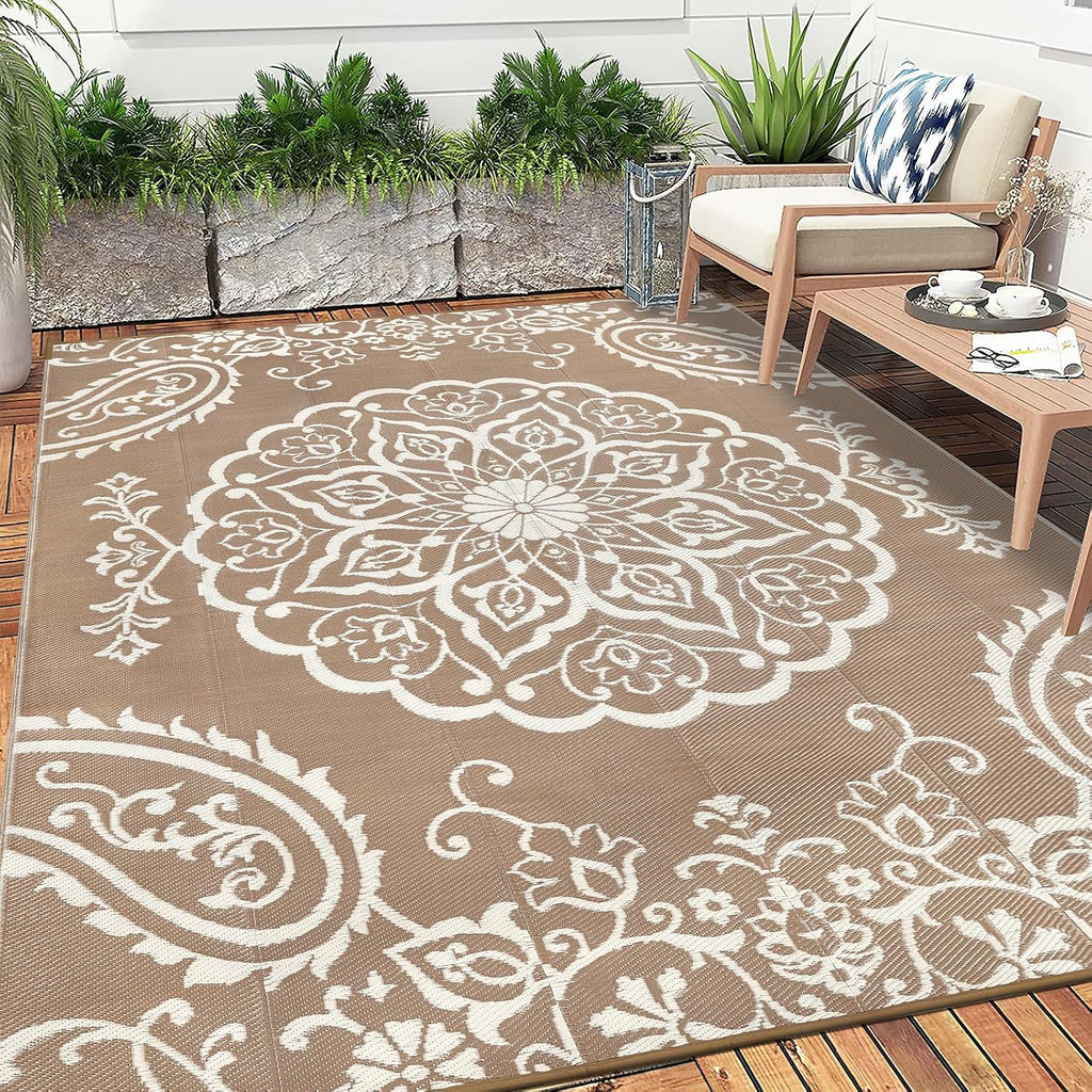 Pauwer Waterproof Outdoor Rug 10x14, Reversible Plastic Straw Patio Camping Rug, Indoor Outdoor RV Mat Carpet for Deck, Camper, Porch, Balcony, Backyard, Picnic, Boho Brown