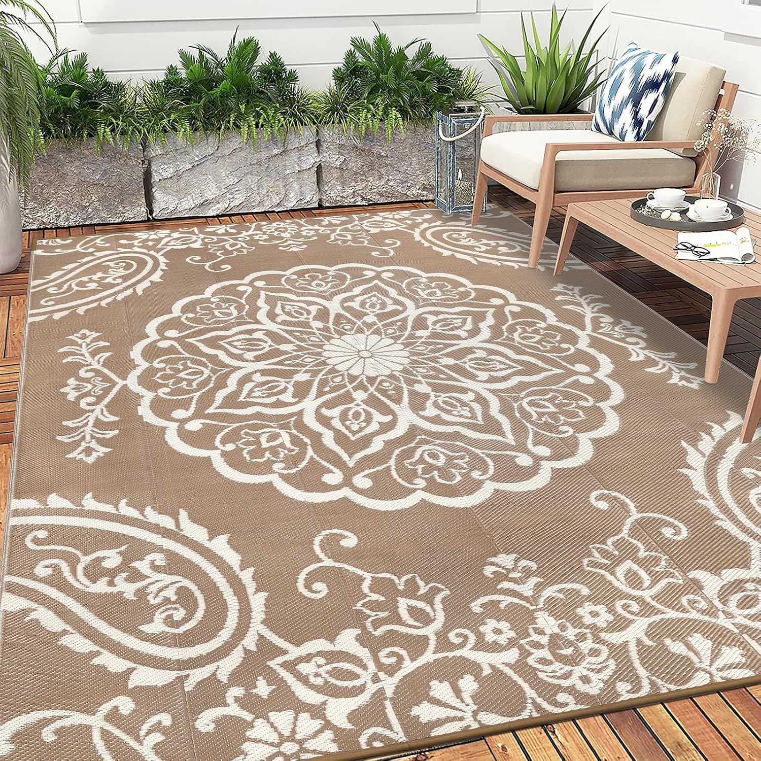 Pauwer Waterproof Outdoor Rug 10x14, Reversible Plastic Straw Patio Camping Rug, Indoor Outdoor RV Mat Carpet for Deck, Camper, Porch, Balcony, Backyard, Picnic, Boho Brown