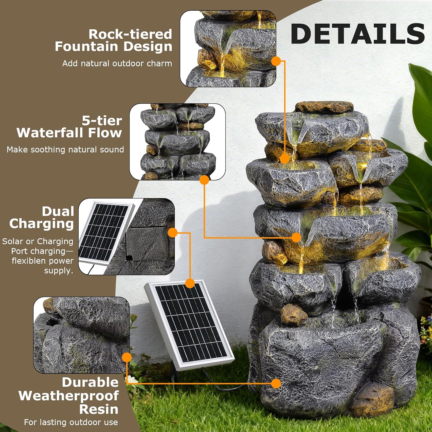 5 Tiered Solar Powered Water Fountain, Solar Water Fountain Outdoor Garden Cascading Rock Water Fall Fountains Outside with Lights for Backyard, Patio, Deck, Porch, 24' H x 13.39' L x 9.6' W