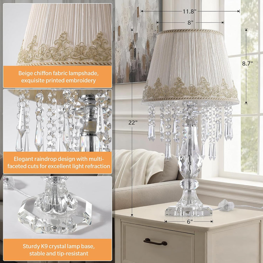 Crystal Table Lamp Set of 2, Bedside Lamps with Beige Chiffon Fabric Lampshade, Dimmable Plug-in Nightstand Reading Lamps with Raindrop Crystals for Bedroom, Living Room, W11.8'' X H21.7''