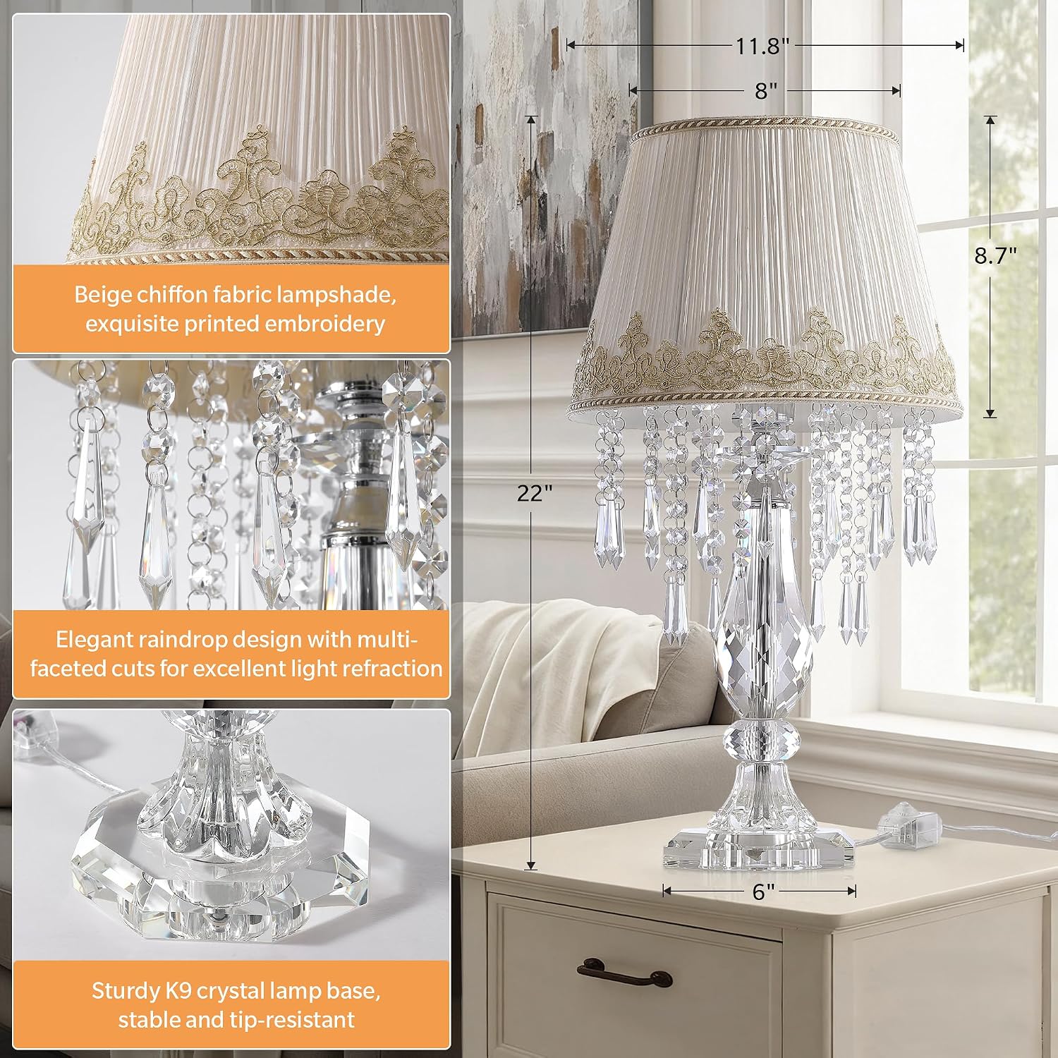 Crystal Table Lamp Set of 2, Bedside Lamps with Beige Chiffon Fabric Lampshade, Dimmable Plug-in Nightstand Reading Lamps with Raindrop Crystals for Bedroom, Living Room, W11.8'' X H21.7''