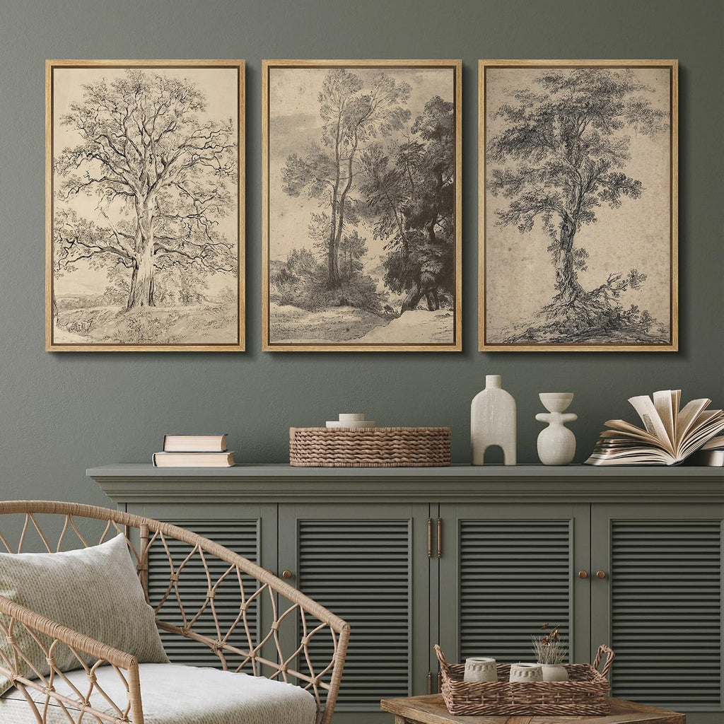 SIGNFORD Framed Canvas Print Wall Art Set Classic Botanical Sketches Black and White Tree Drawings Illustrations Modern Art Relax/Calm for Living Room, Bedroom, Office - 24'x36'x3 Natural