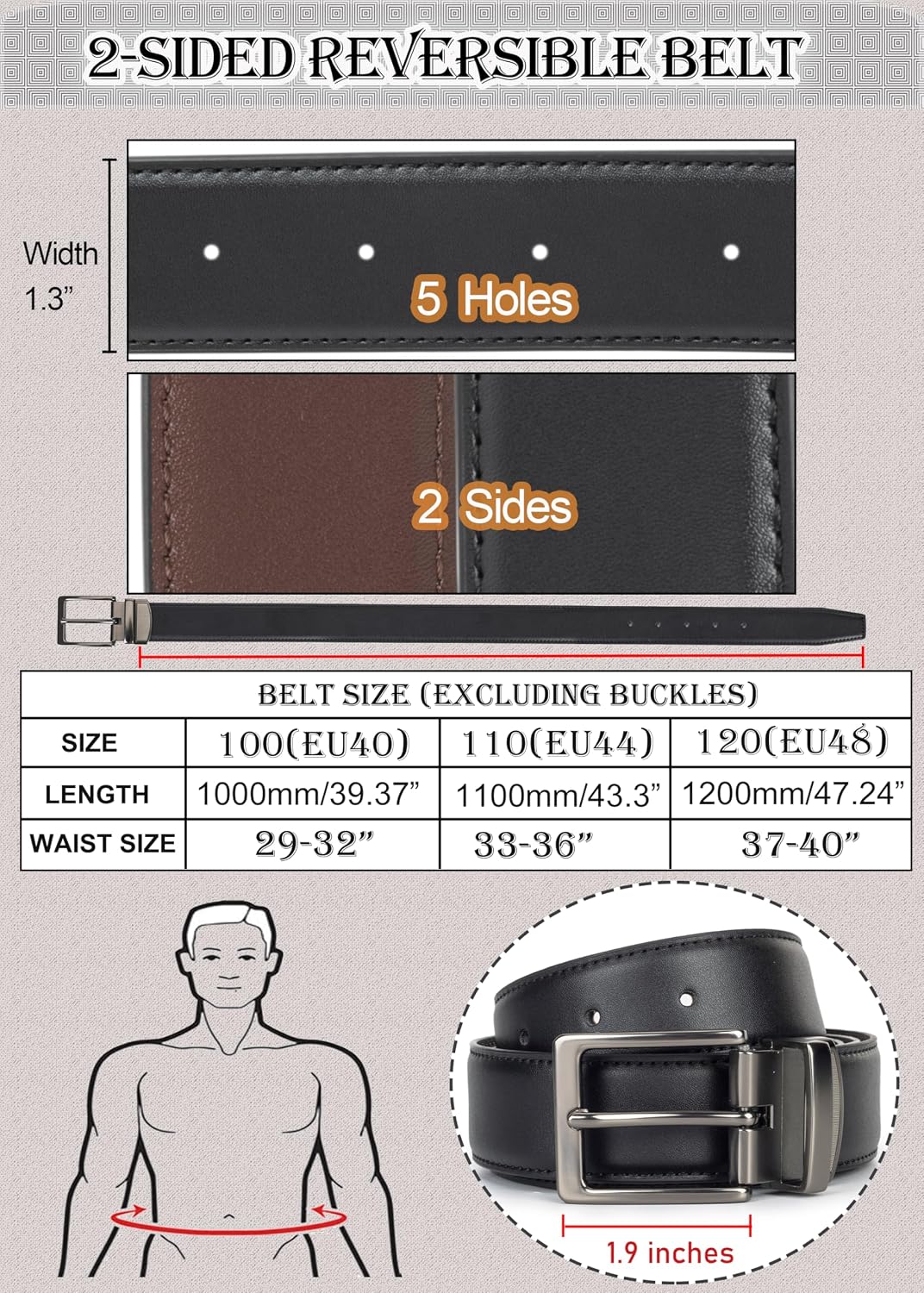 Reversible Belt for Men Black Brown PU Leather Belt with Alloy Pin Buckle, Mens Dress Belt for Work Casual, 1.3' Wide