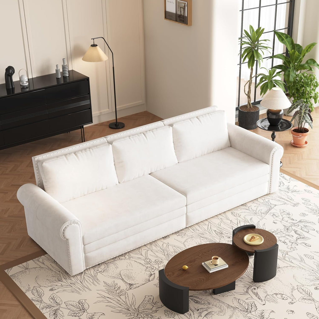 93.7' Pull Out Sofa Bed King Size with Pillows,3-in-1 Convertible Sleeper Couch with Nails Trim,Velvet Upholstered 3 Seater Sofabed for Living Room,Beige