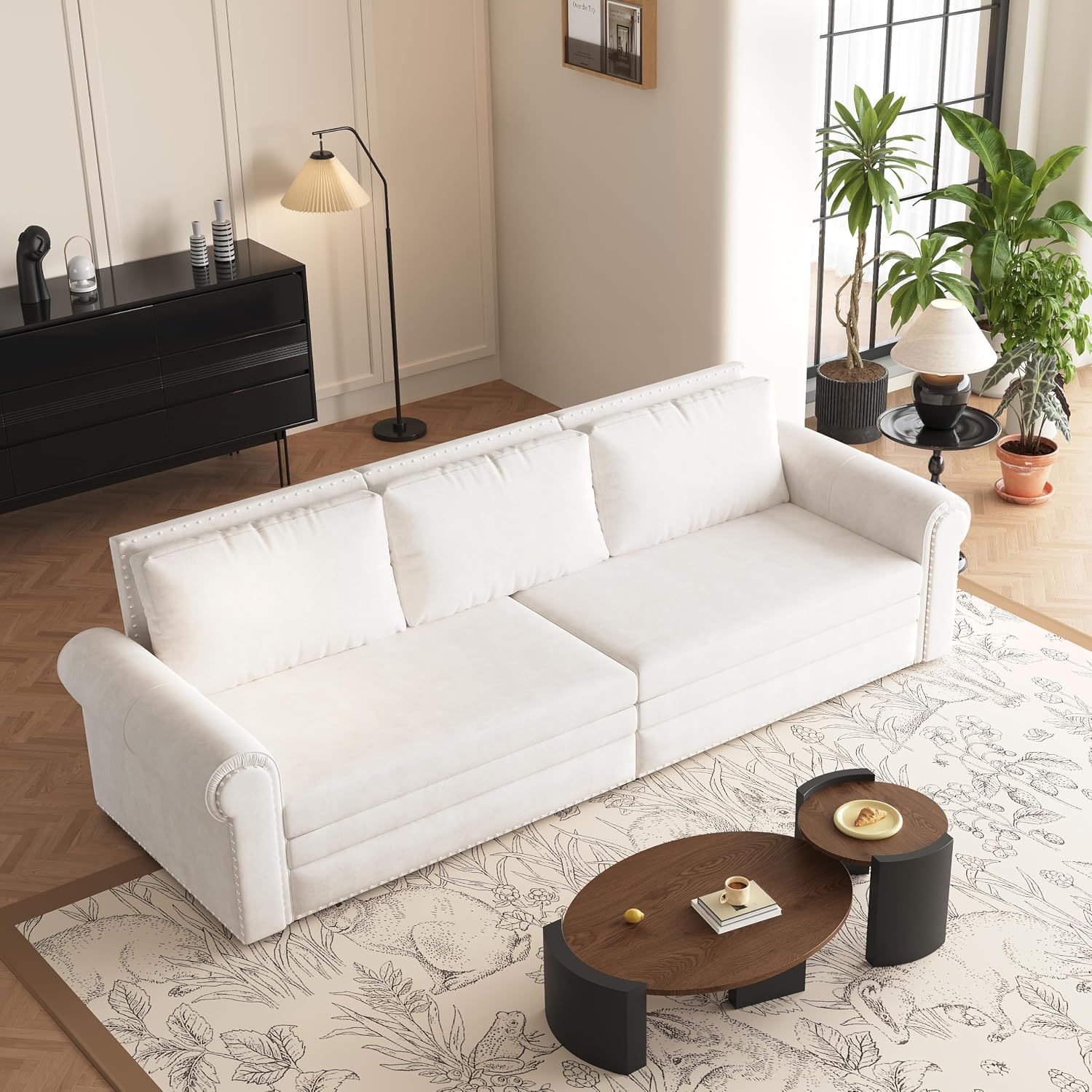 93.7' Pull Out Sofa Bed King Size with Pillows,3-in-1 Convertible Sleeper Couch with Nails Trim,Velvet Upholstered 3 Seater Sofabed for Living Room,Beige