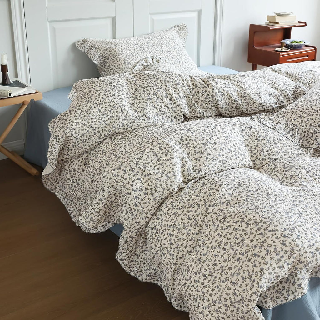 BuLuTu Blue Floral Print Duvet Cover King Size, Elegant Ruffles Bedding Set 3 Pieces, 100% Cotton Muslin Comforter Cover with 2 Pillowcases Soft Lightweight King Bed Set, Machine Wash