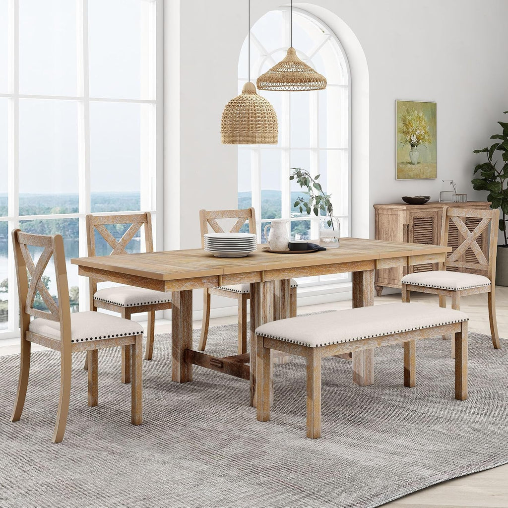 Farmhouse 6-Piece Extendable Dining Room Table Sets, Acacia Wood 82'' Dining Table with 2 Removable Leaf and Upholstered Dining Chairs& Bench, Soft Cushion with Rivet (Natural+Be)