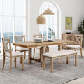 Farmhouse 6-Piece Extendable Dining Room Table Sets, Acacia Wood 82'' Dining Table with 2 Removable Leaf and Upholstered Dining Chairs& Bench, Soft Cushion with Rivet (Natural+Be)