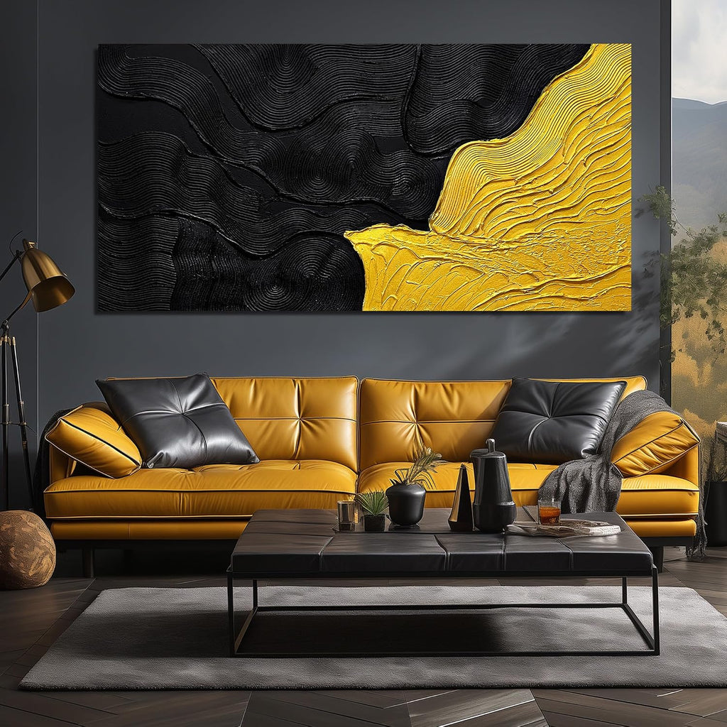 Modern Wall Decor for Office Black and Gold Hand Painted Wall Art for Living Room Huge Canvas Wall Art for Hotel Size 40 x 80 Inch