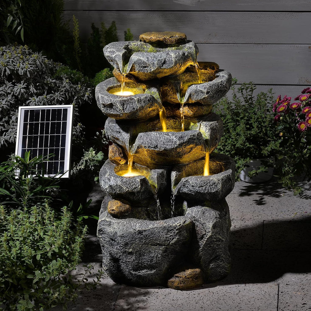 5 Tiered Solar Powered Water Fountain, Solar Water Fountain Outdoor Garden Cascading Rock Water Fall Fountains Outside with Lights for Backyard, Patio, Deck, Porch, 24' H x 13.39' L x 9.6' W